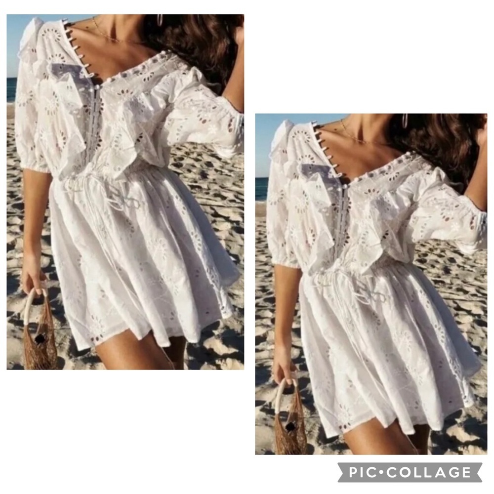 New MIOU MUSE VICI Women’s White Eyelet Ruffle FLORENCE Dress Puff Sleeve Sz S - Picture 1 of 10